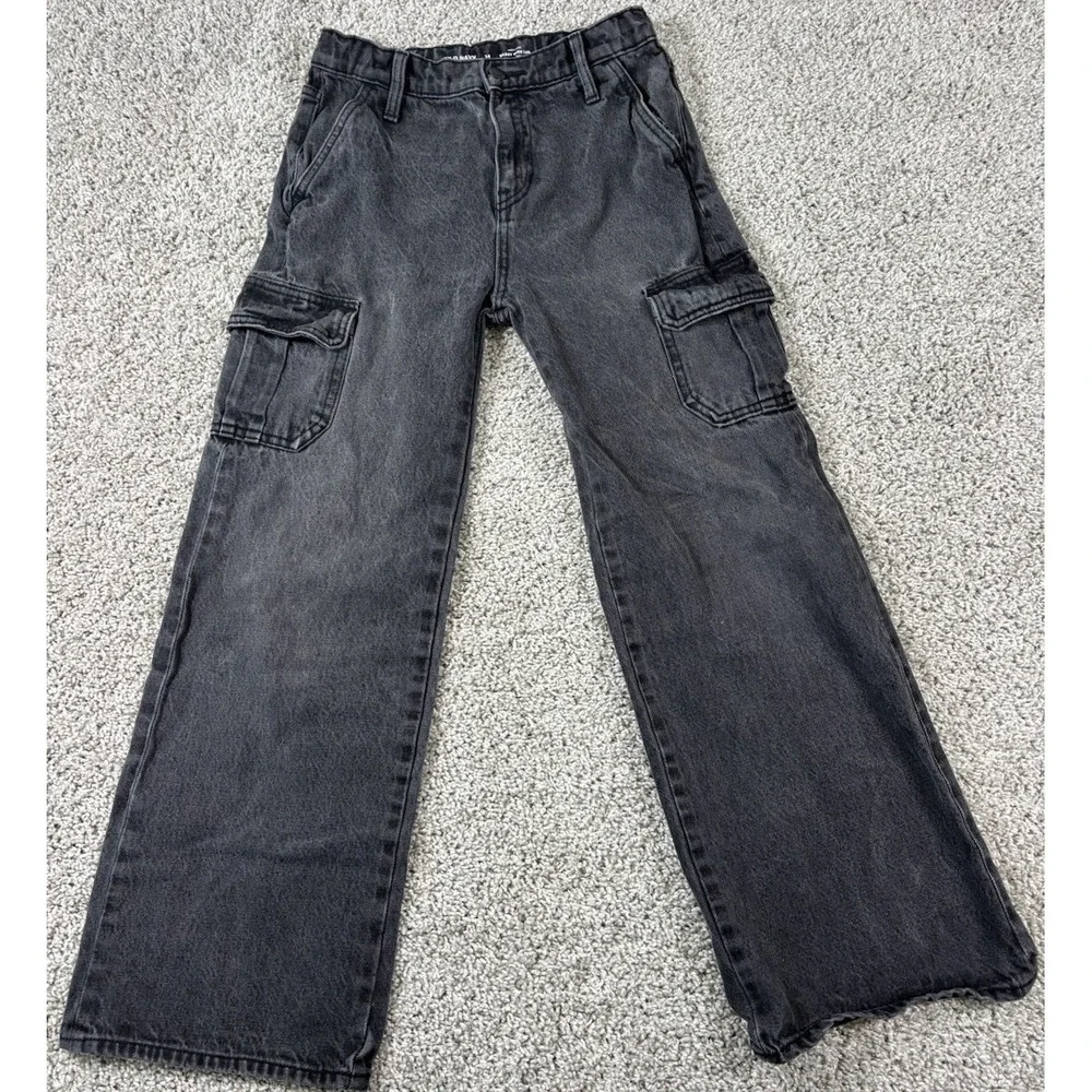 Old Navy Girls High Rise Baggy Wide Leg Cargo Jeans Black Denim Size 14